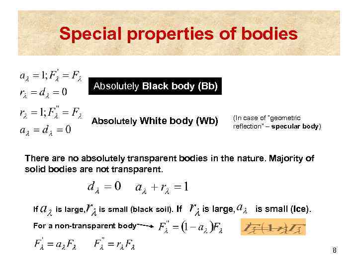 Special properties of bodies Absolutely Black body (Bb) Absolutely White body (Wb) (In case