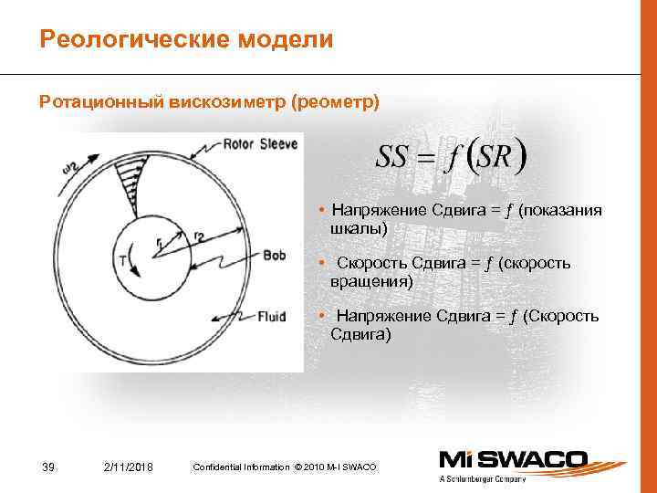 Реологические модели Ротационный вискозиметр (реометр) • Напряжение Сдвига = ƒ (показания шкалы) • Скорость