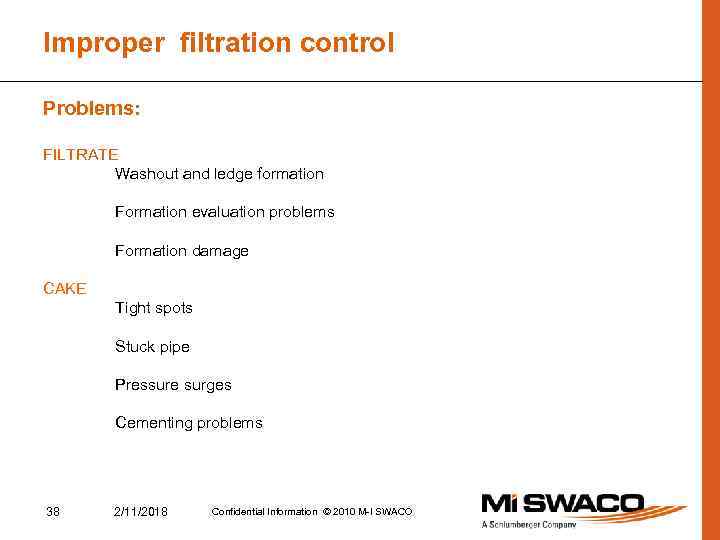 Improper filtration control Problems: FILTRATE Washout and ledge formation Formation evaluation problems Formation damage