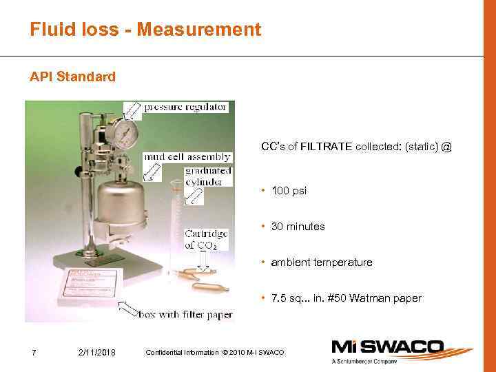Fluid loss - Measurement API Standard CC’s of FILTRATE collected: (static) @ • 100