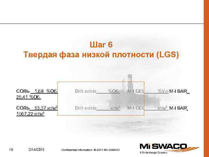 Шаг 6 Твердая фаза низкой плотности (LGS) СОЛЬ 1. 69 %Об. 25, 41 %Об.