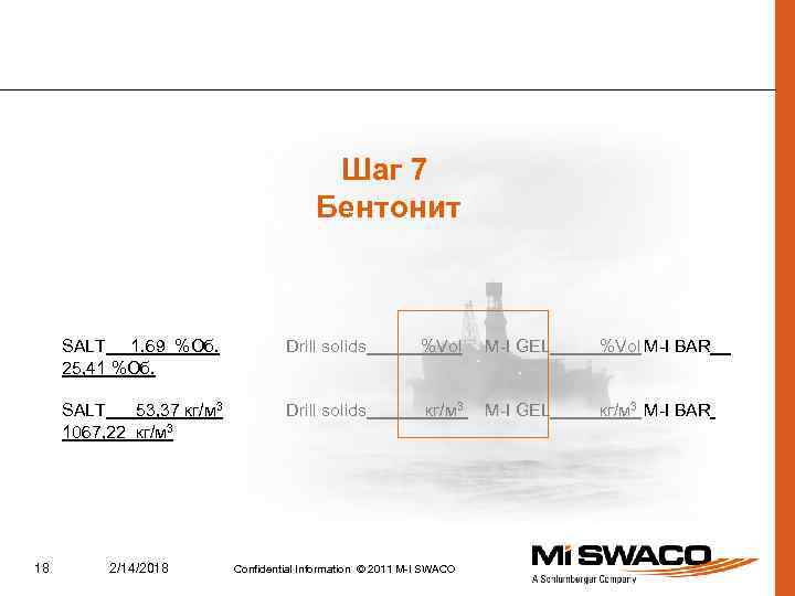 Шаг 7 Бентонит SALT 1. 69 %Об. 25, 41 %Об. %Vol M-I GEL %Vol