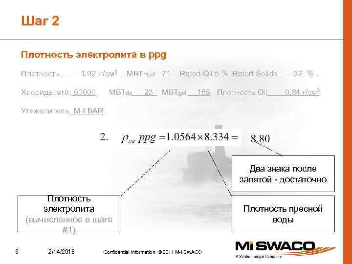 Шаг 2 Плотность электролита в ppg Плотность 1, 92 г/см 3 Хлориды мг/л 50000