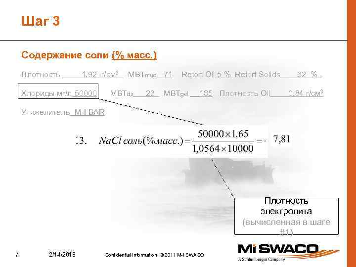 Шаг 3 Содержание соли (% масс. ) Плотность 1, 92 г/см 3 Хлориды мг/л