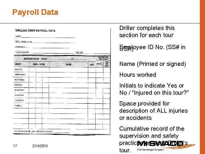 Payroll Data Driller completes this section for each tour Employee ID No. (SS# in