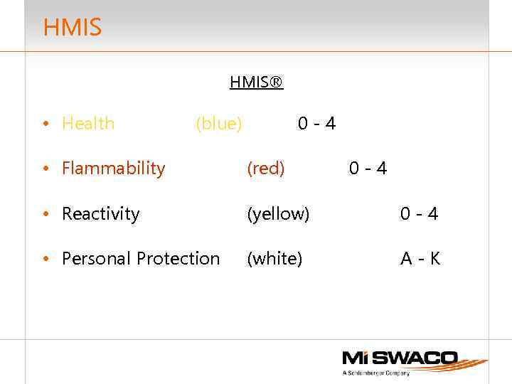 HMIS® • Health (blue) 0 -4 • Flammability (red) • Reactivity (yellow) 0 -4