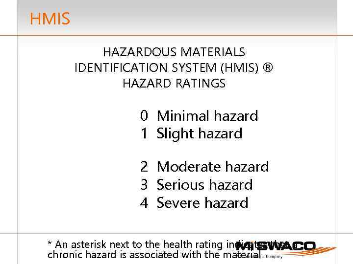 HMIS HAZARDOUS MATERIALS IDENTIFICATION SYSTEM (HMIS) ® HAZARD RATINGS 0 Minimal hazard 1 Slight