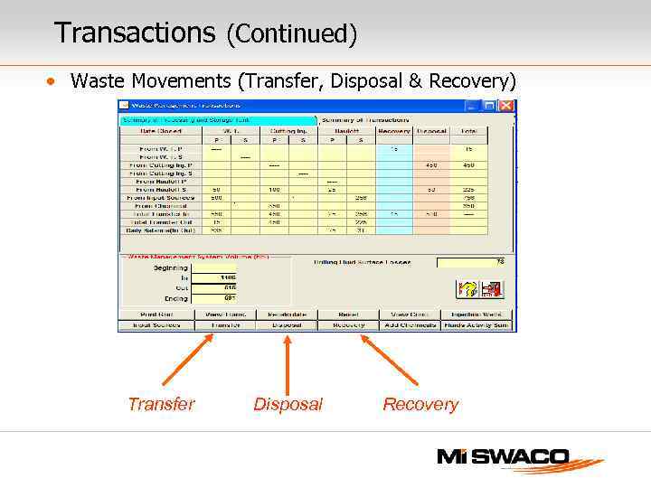 Transactions (Continued) • Waste Movements (Transfer, Disposal & Recovery) Transfer Disposal Recovery 