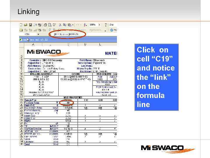 Linking Click on cell “C 19” and notice the “link” on the formula line