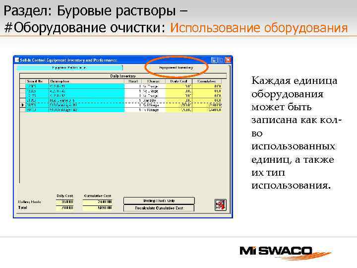 Раздел: Буровые растворы – #Оборудование очистки: Использование оборудования Каждая единица оборудования может быть записана
