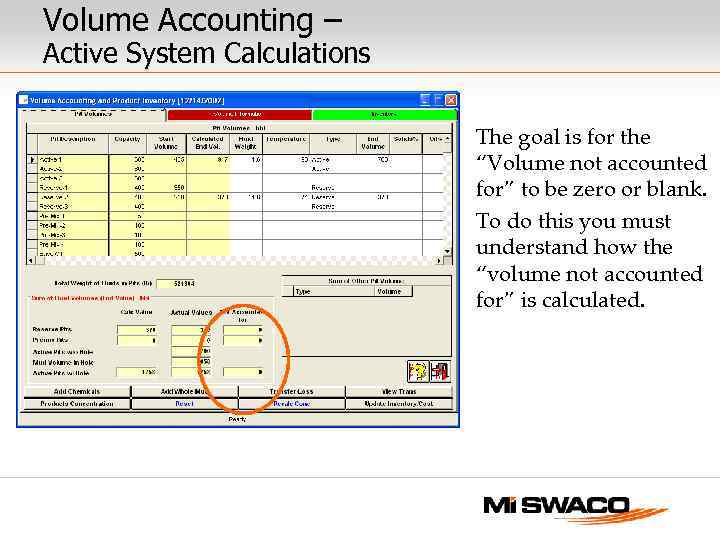Volume Accounting – Active System Calculations The goal is for the “Volume not accounted