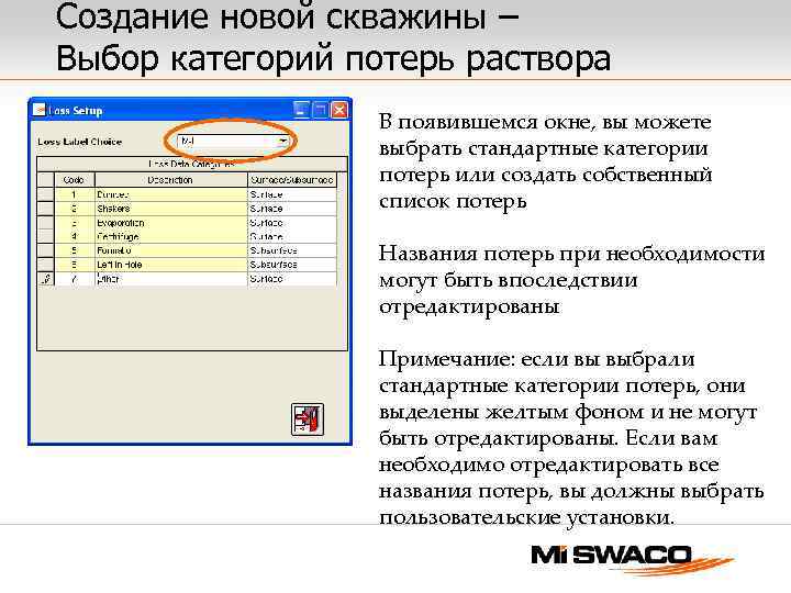 Создание новой скважины – Выбор категорий потерь раствора В появившемся окне, вы можете выбрать