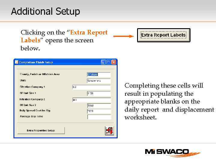 Additional Setup Clicking on the “Extra Report Labels” opens the screen below. Completing these