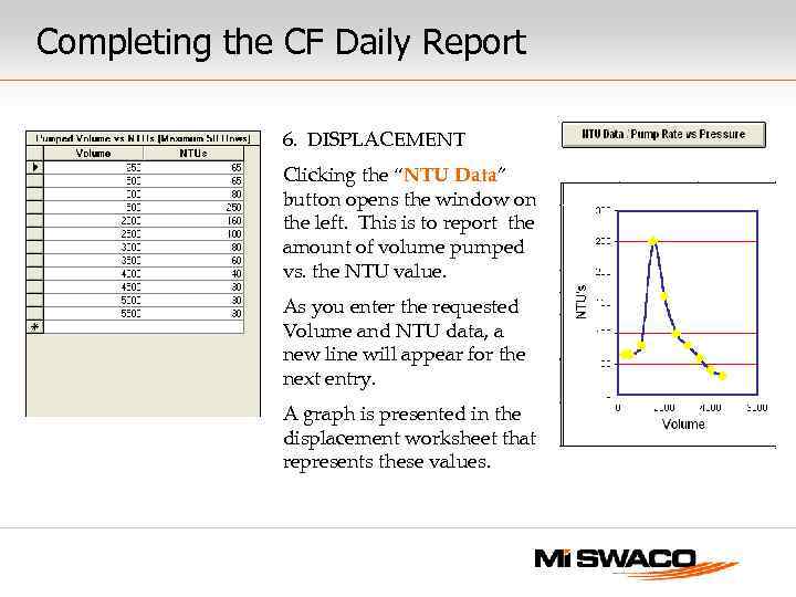 Completing the CF Daily Report 6. DISPLACEMENT Clicking the “NTU Data” button opens the