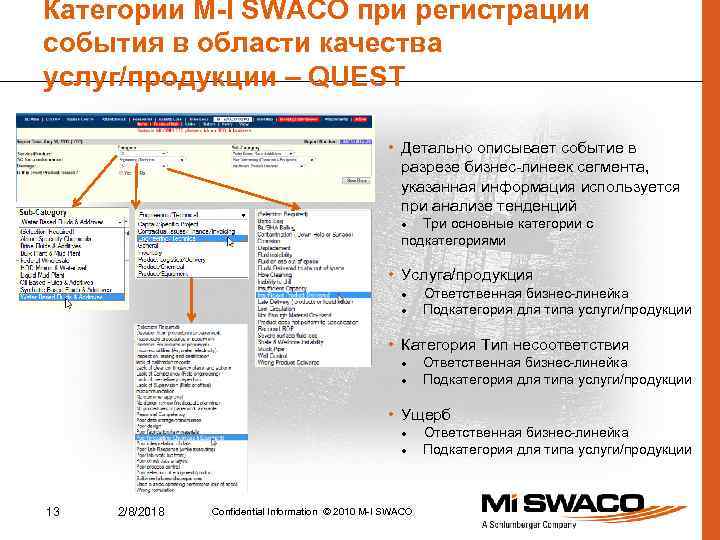 Категории M-I SWACO при регистрации события в области качества услуг/продукции – QUEST • Детально