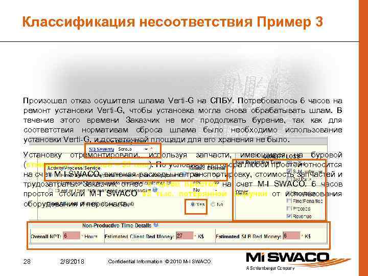 Классификация несоответствия Пример 3 Произошел отказ осушителя шлама Verti-G на СПБУ. Потребовалось 6 часов