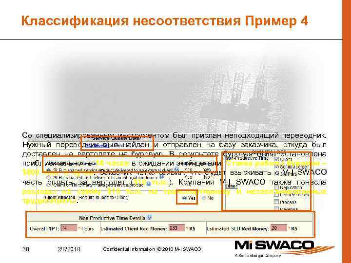 Классификация несоответствия Пример 4 Со специализированным инструментом был прислан неподходящий переводник. Нужный переводник был