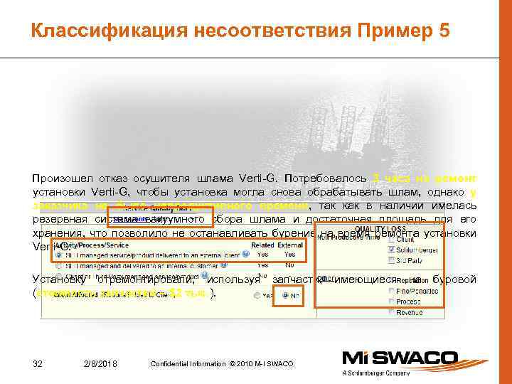 Классификация несоответствия Пример 5 Произошел отказ осушителя шлама Verti-G. Потребовалось 3 часа на ремонт