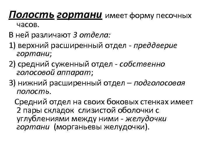 Полость гортани имеет форму песочных часов. В ней различают 3 отдела: 1) верхний расширенный