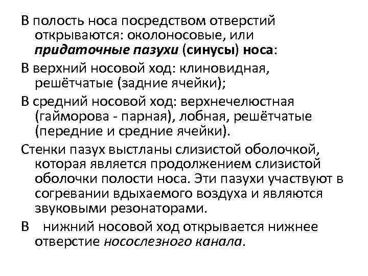 В полость носа посредством отверстий открываются: околоносовые, или придаточные пазухи (синусы) носа: В верхний