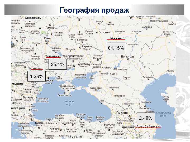 География продаж Россия 61, 15% 35, 1% 1, 26% 2, 49% 