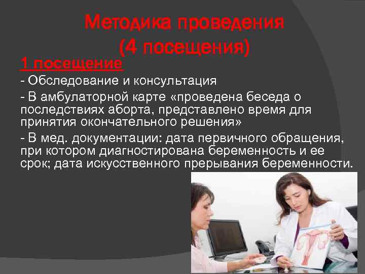 Методика проведения (4 посещения) 1 посещение - Обследование и консультация - В амбулаторной карте