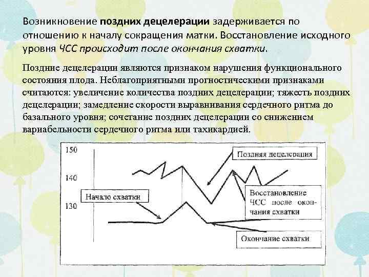 Возникновение поздних децелерации задерживается по отношению к началу сокращения матки. Восстановление исходного уровня ЧСС