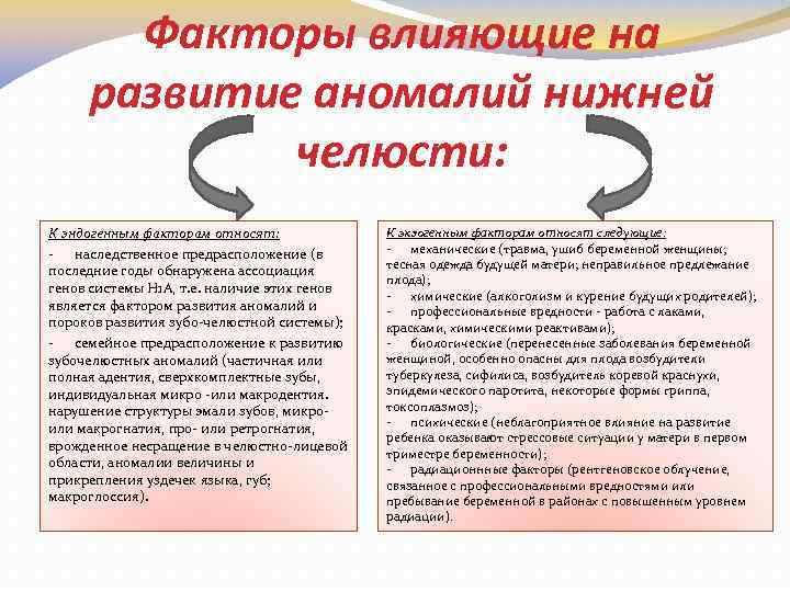Факторы влияющие на развитие аномалий нижней челюсти: К эндогенным факторам относят: - наследственное предрасположение