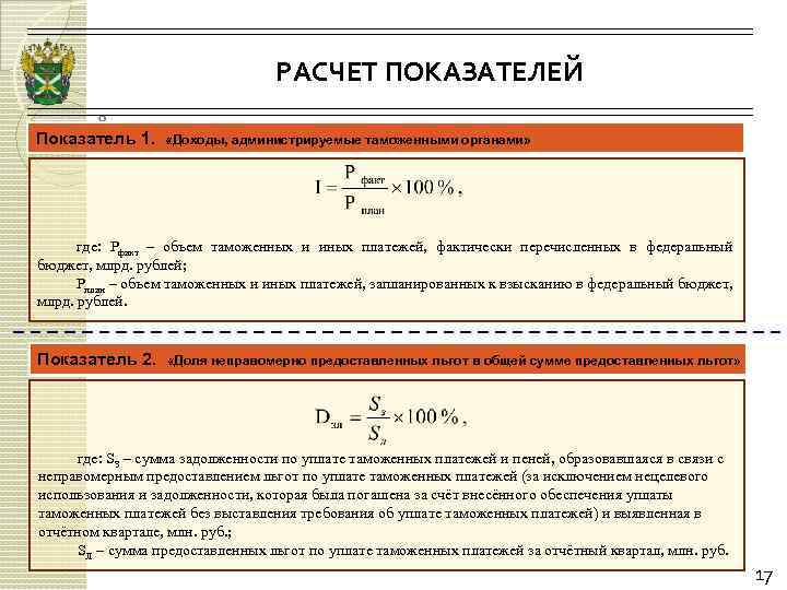 РАСЧЕТ ПОКАЗАТЕЛЕЙ Показатель 1. «Доходы, администрируемые таможенными органами» где: Pфакт – объем таможенных и