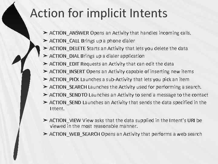 Action for implicit Intents ➤ ACTION_ANSWER Opens an Activity that handles incoming calls. ➤