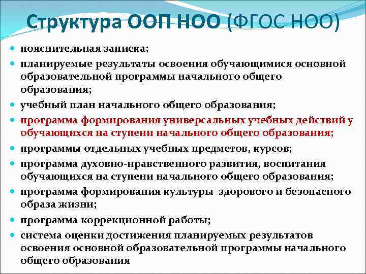 Структура ООП НОО (ФГОС НОО) пояснительная записка; планируемые результаты освоения обучающимися основной образовательной программы