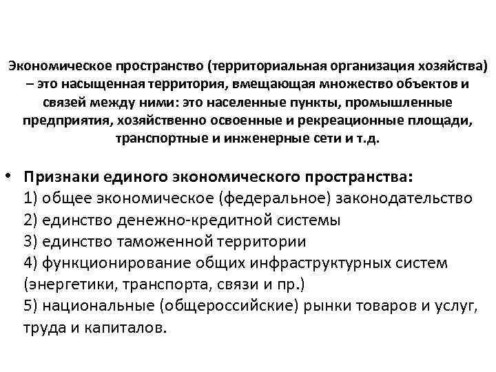 Теория экономического пространства. Формирование единого экономического пространства. Экономическое пространство. Территориальная организация хозяйства.