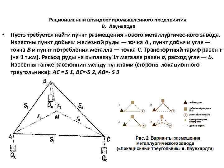 Рациональный штандорт промышленного предприятия В. Лаунхарда • Пусть требуется найти пункт размещения нового металлургичес