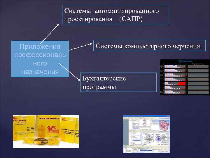 Системы автоматизированного проектирования (САПР) Приложения профессиональ ного назначения Системы компьютерного черчения. Бухгалтерские программы 