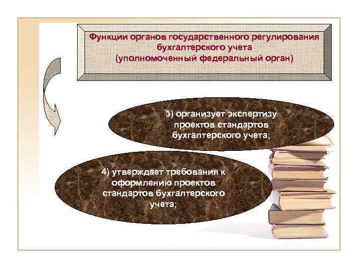 Функции органов государственного регулирования бухгалтерского учета (уполномоченный федеральный орган) 3) организует экспертизу проектов стандартов