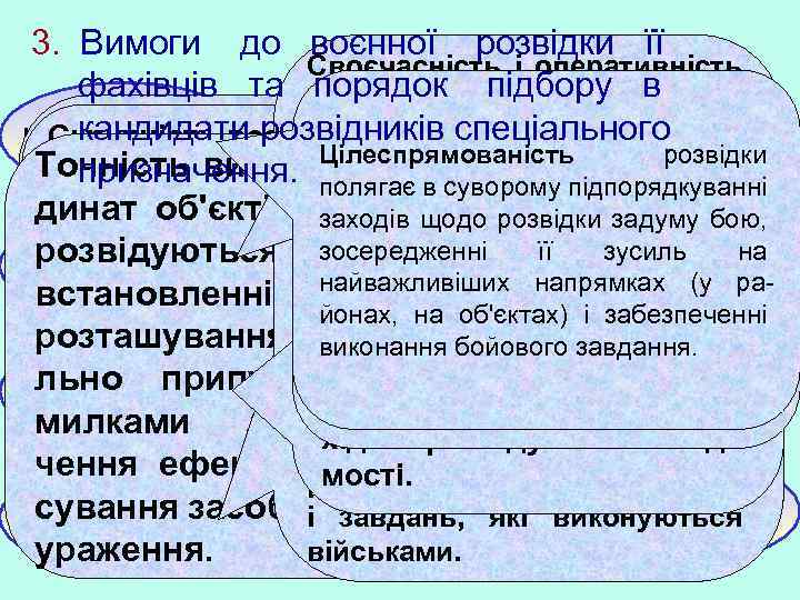 3. Вимоги до воєнної розвідки її Своєчасність і оперативність фахівців та розвідки полягають ув