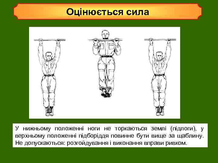 Оцінюється сила У нижньому положенні ноги не торкаються землі (підлоги), у верхньому положенні підборіддя