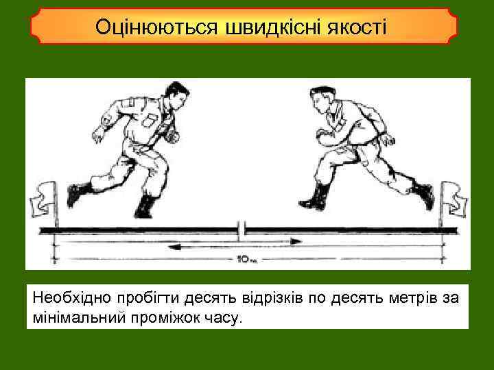 Оцінюються швидкісні якості Необхідно пробігти десять відрізків по десять метрів за мінімальний проміжок часу.