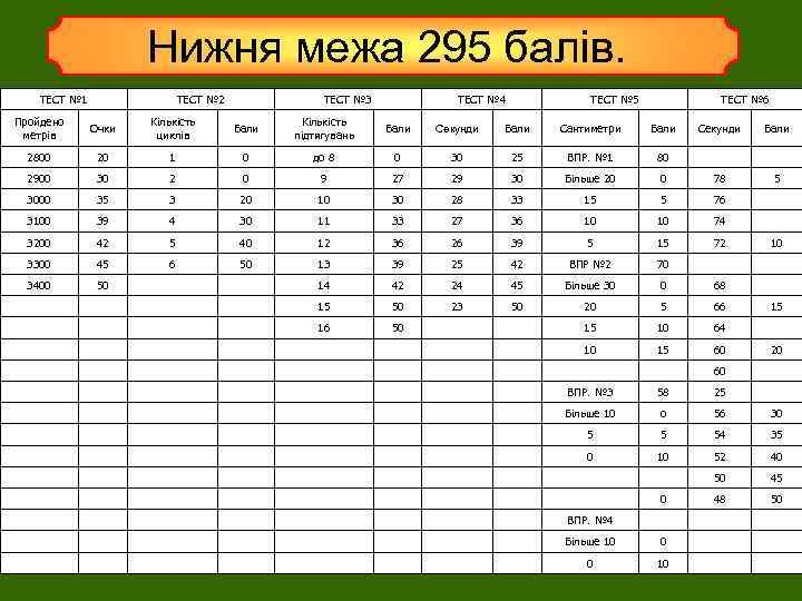 Нижня межа 295 балів. ТЕСТ № 1 ТЕСТ № 2 ТЕСТ № 3 ТЕСТ