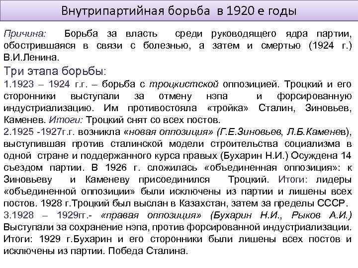 Внутрипартийная борьба в 1920 е годы Причина: Борьба за власть среди руководящего ядра партии,