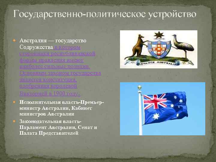 Государственно-политическое устройство Австралия — государство Содружества в котором сторонники республиканской формы правления имеют наиболее