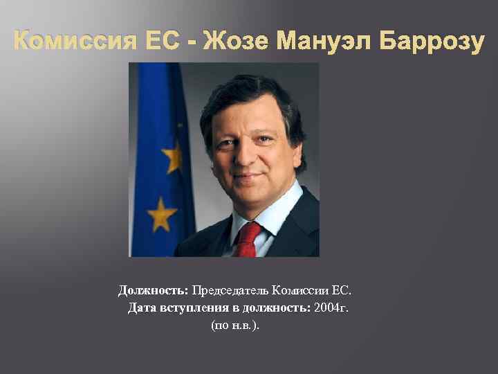Комиссия ЕС - Жозе Мануэл Баррозу Должность: Председатель Комиссии ЕС. Должность: Дата вступления в