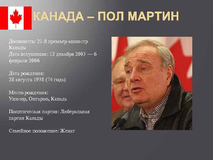 КАНАДА – ПОЛ МАРТИН Должность: 21 -й премьер-министр Канады Дата вступления: 12 декабря 2003