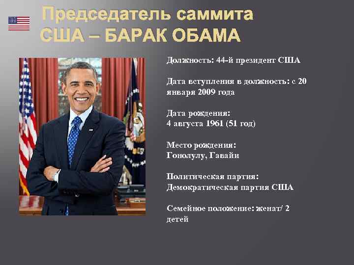 Председатель саммита США – БАРАК ОБАМА Должность: 44 -й президент США Дата вступления в