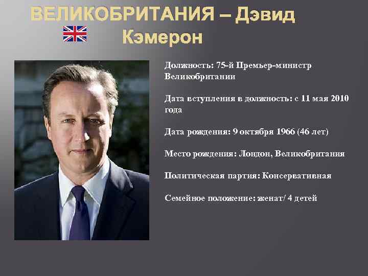 ВЕЛИКОБРИТАНИЯ – Дэвид Кэмерон Должность: 75 -й Премьер-министр Великобритании Дата вступления в должность: с