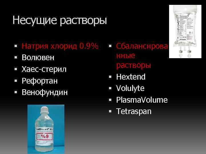 Несущие растворы Натрия хлорид 0. 9% Волювен Хаес-стерил Рефортан Венофундин Сбалансирова нные растворы Hextend
