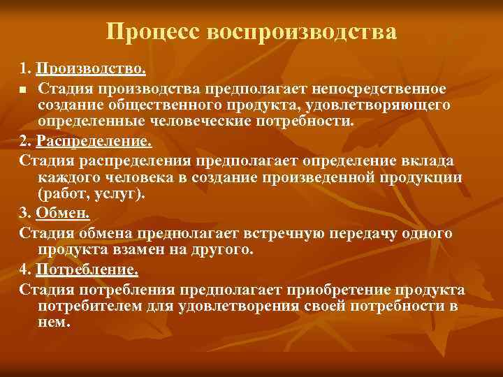 Процесс воспроизводства 1. Производство. n Стадия производства предполагает непосредственное создание общественного продукта, удовлетворяющего определенные