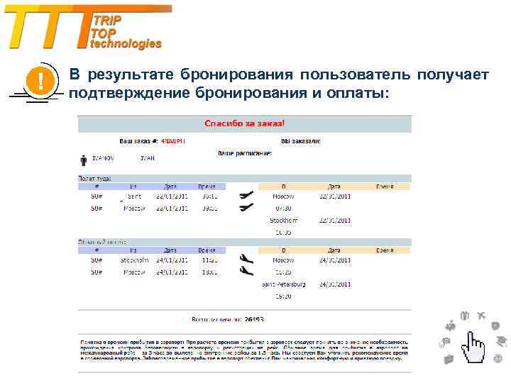 В результате бронирования пользователь получает подтверждение бронирования и оплаты: 