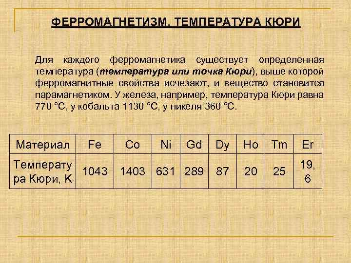 ФЕРРОМАГНЕТИЗМ, ТЕМПЕРАТУРА КЮРИ Для каждого ферромагнетика существует определенная температура (температура или точка Кюри), выше
