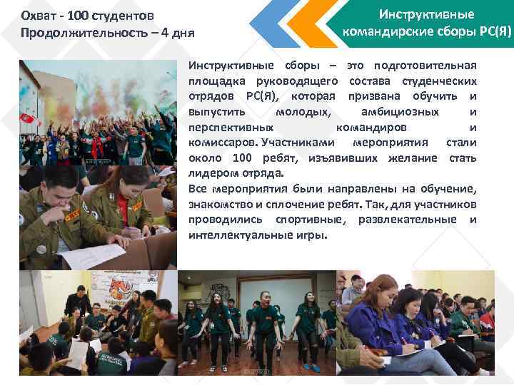 Охват - 100 студентов Продолжительность – 4 дня Инструктивные командирские сборы РС(Я) Инструктивные сборы